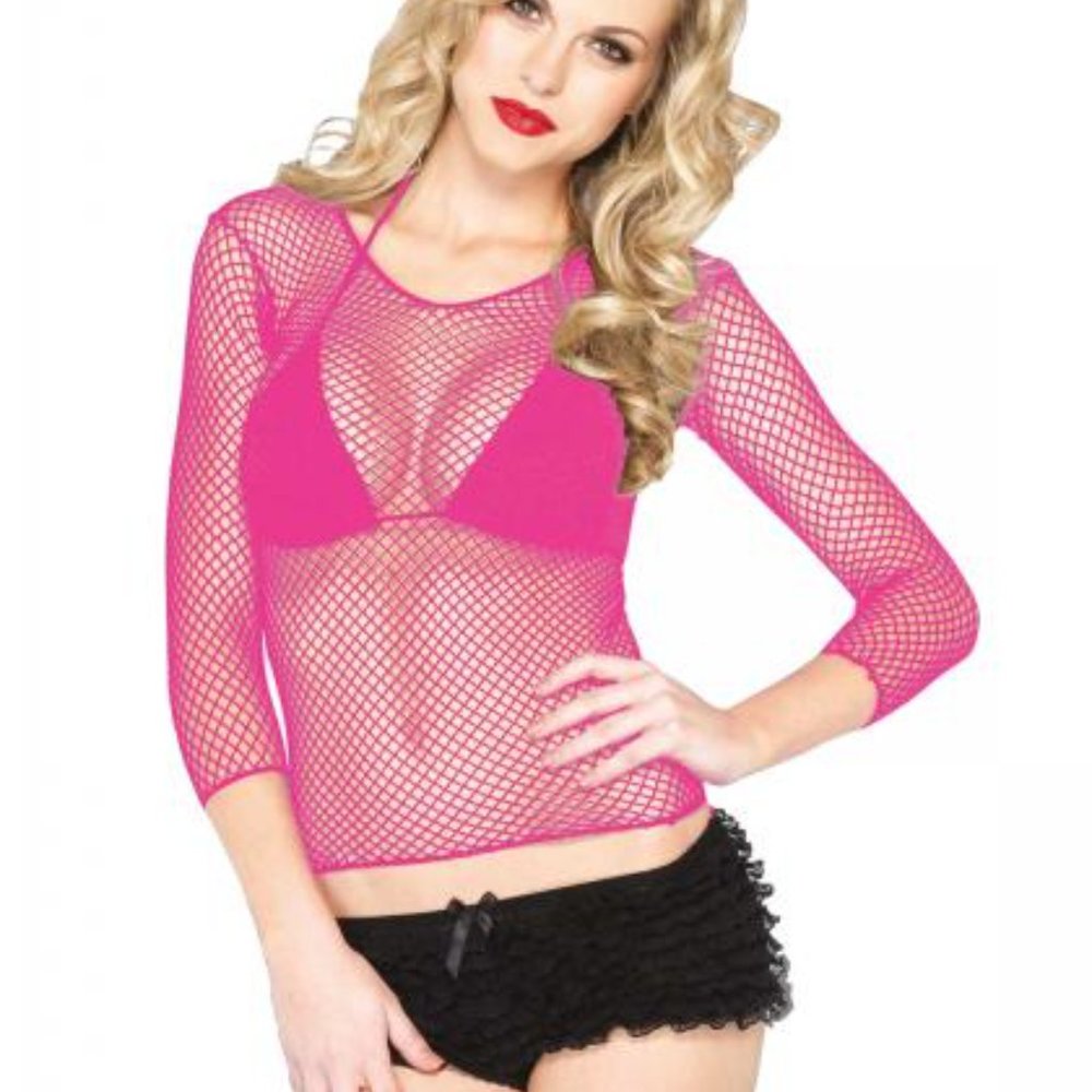 6 for $20 Fishnet Hot Pink Crop Long Sleeve Top XS - S